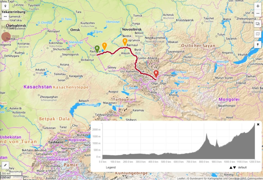 Route von Kasachstan durch den russischen Altai zur mongilischen Grenze.